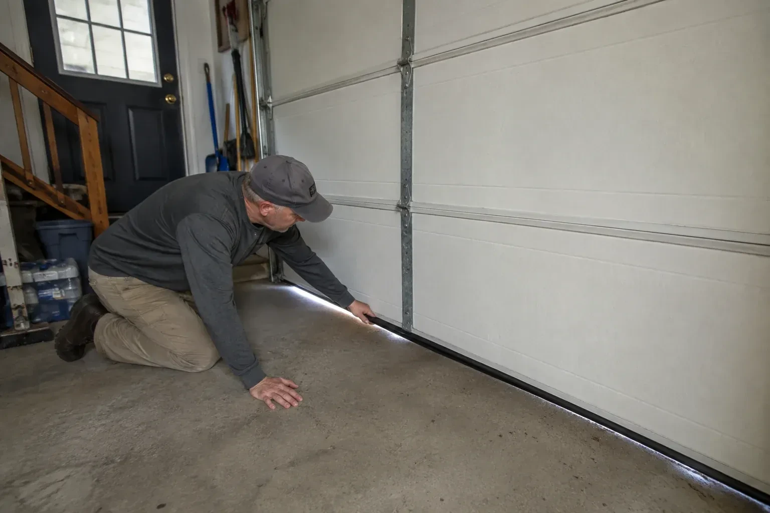 A person kneels beside the black bottom seal of a garage door, with daylight visible beneath the edge. — Garage Door Bottom Seal Replacement, Woodstock