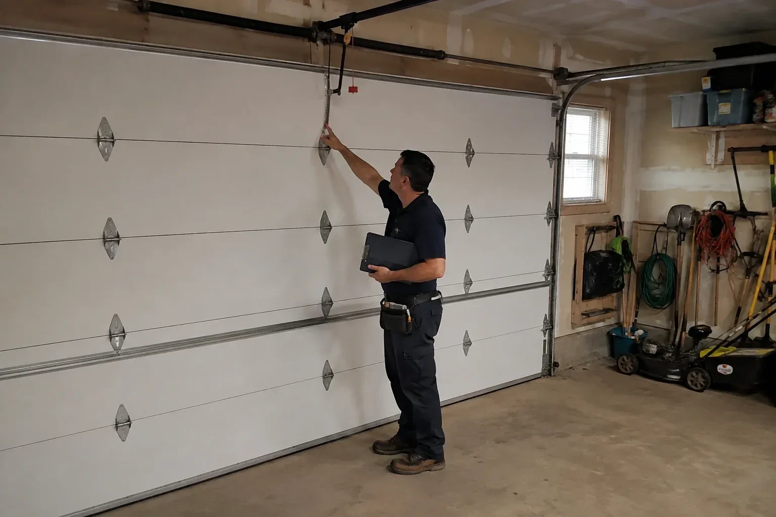 A person holding a clipboard examines the interior hardware of a closed garage door. — Garage Door Tune-Up, Woodstock