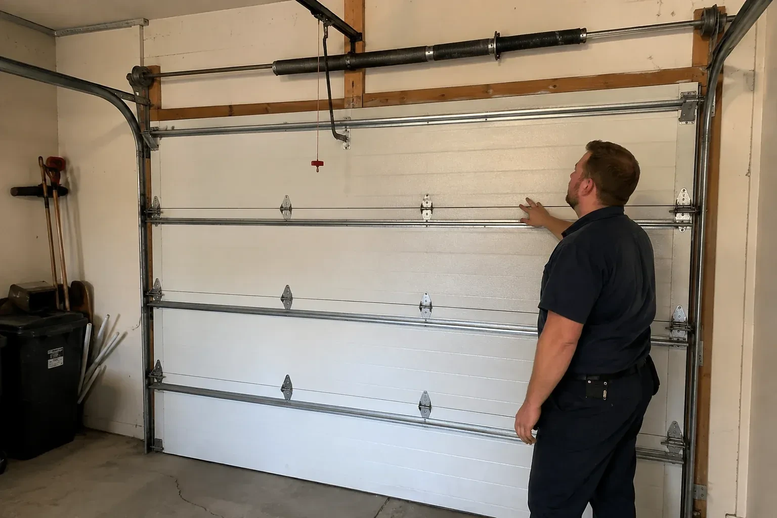 A person stands beside a closed sectional door beneath its overhead spring assembly. — Garage Door Balance Adjustment, Woodstock