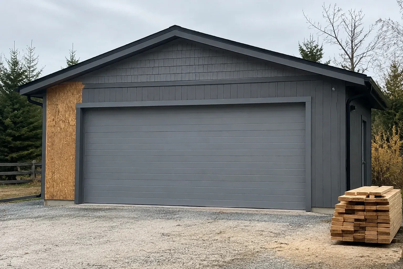 Closed grey garage door on a partly finished building beside stacked lumber. — New-Construction Garage Door Installation, Woodstock