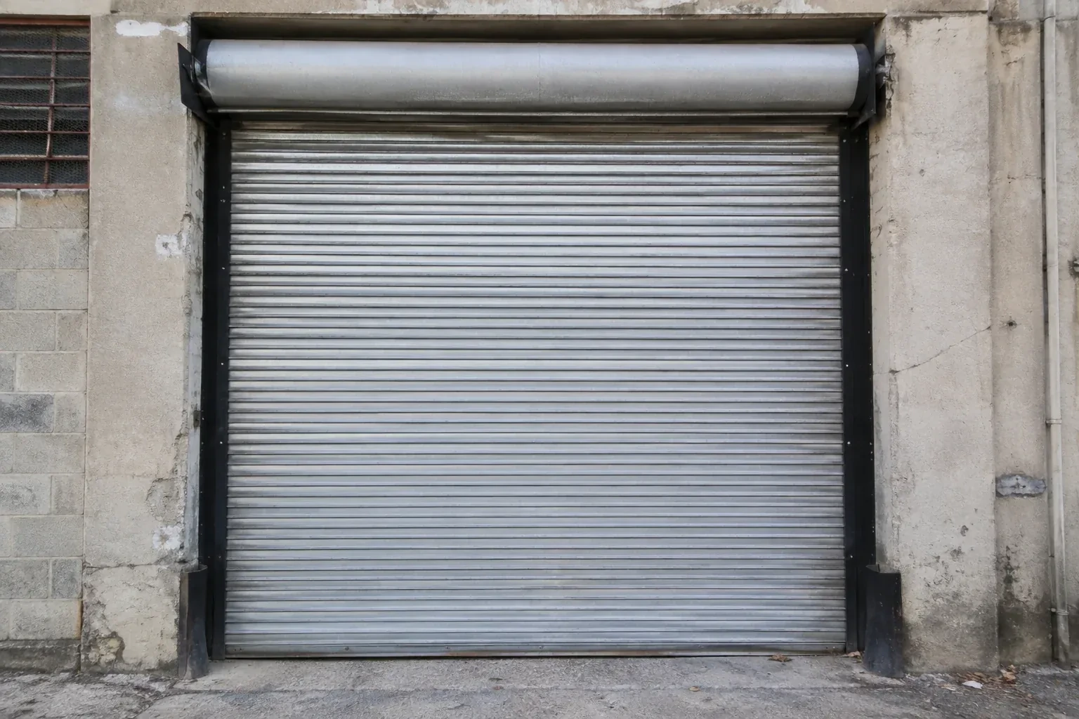 Closed metal rolling shutter in a weathered warehouse opening. — Commercial Rolling Door Repair, Woodstock