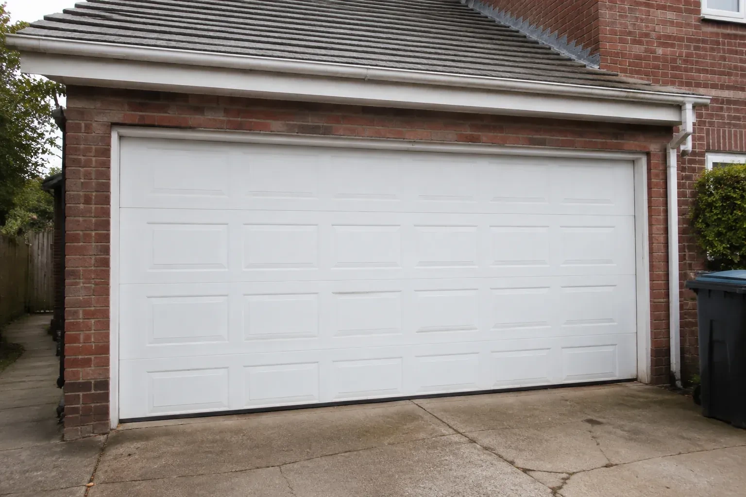 Closed white sectional garage door at an ordinary brick house. — Sectional Garage Door Replacement, Woodstock