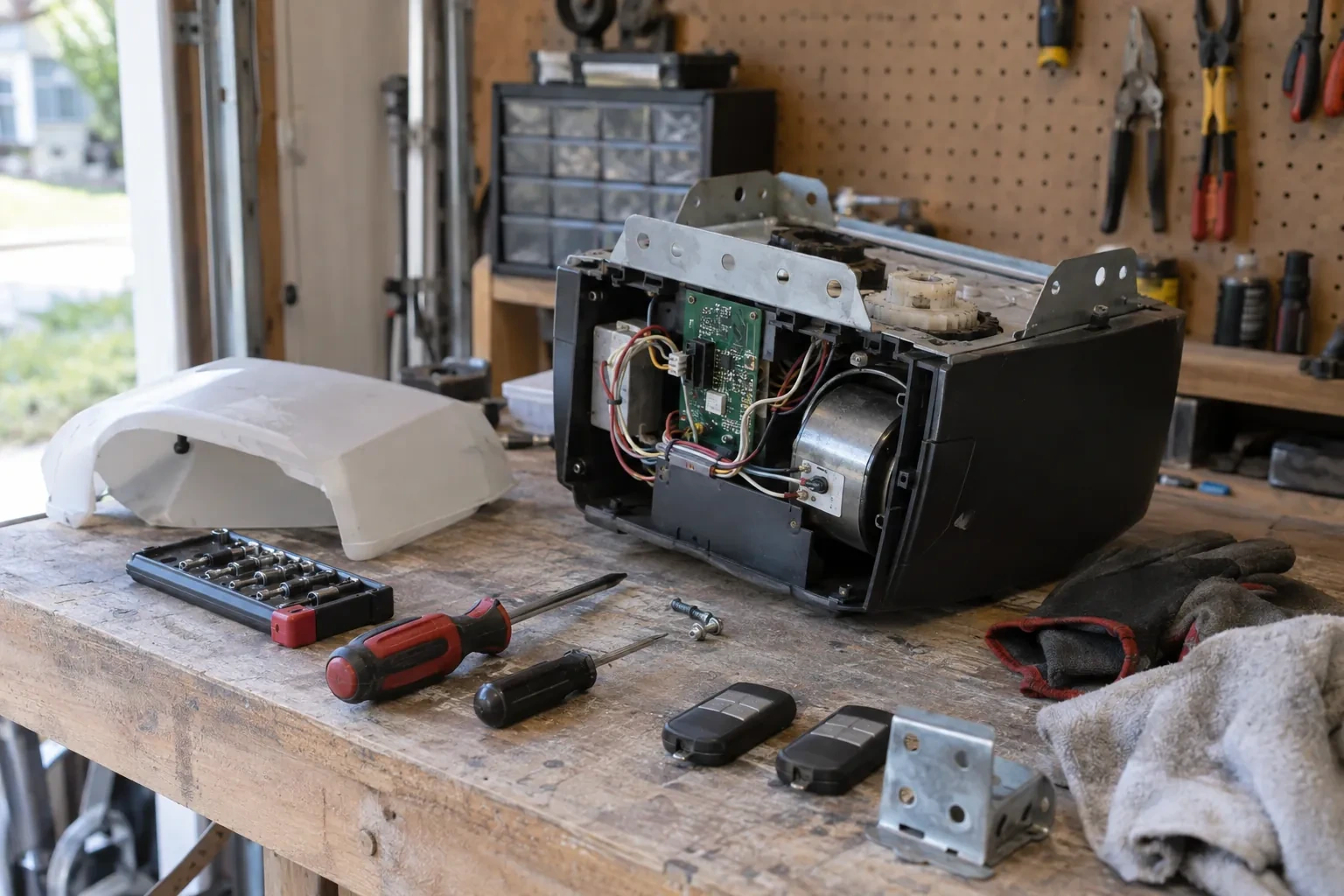 Opened garage-door opener motor with a green circuit board on a workbench beside its white cover, two remotes and screwdrivers.