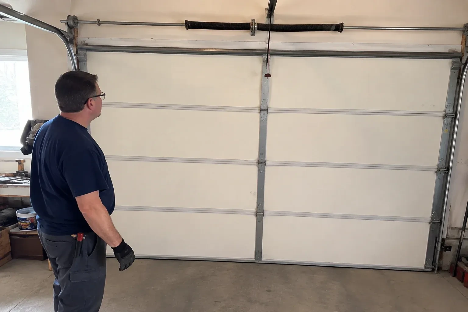 Person in a dark shirt standing before a closed cream sectional door, looking up at a coiled spring and red-tipped cord. — Off-Track Garage Door Reset, Woodstock