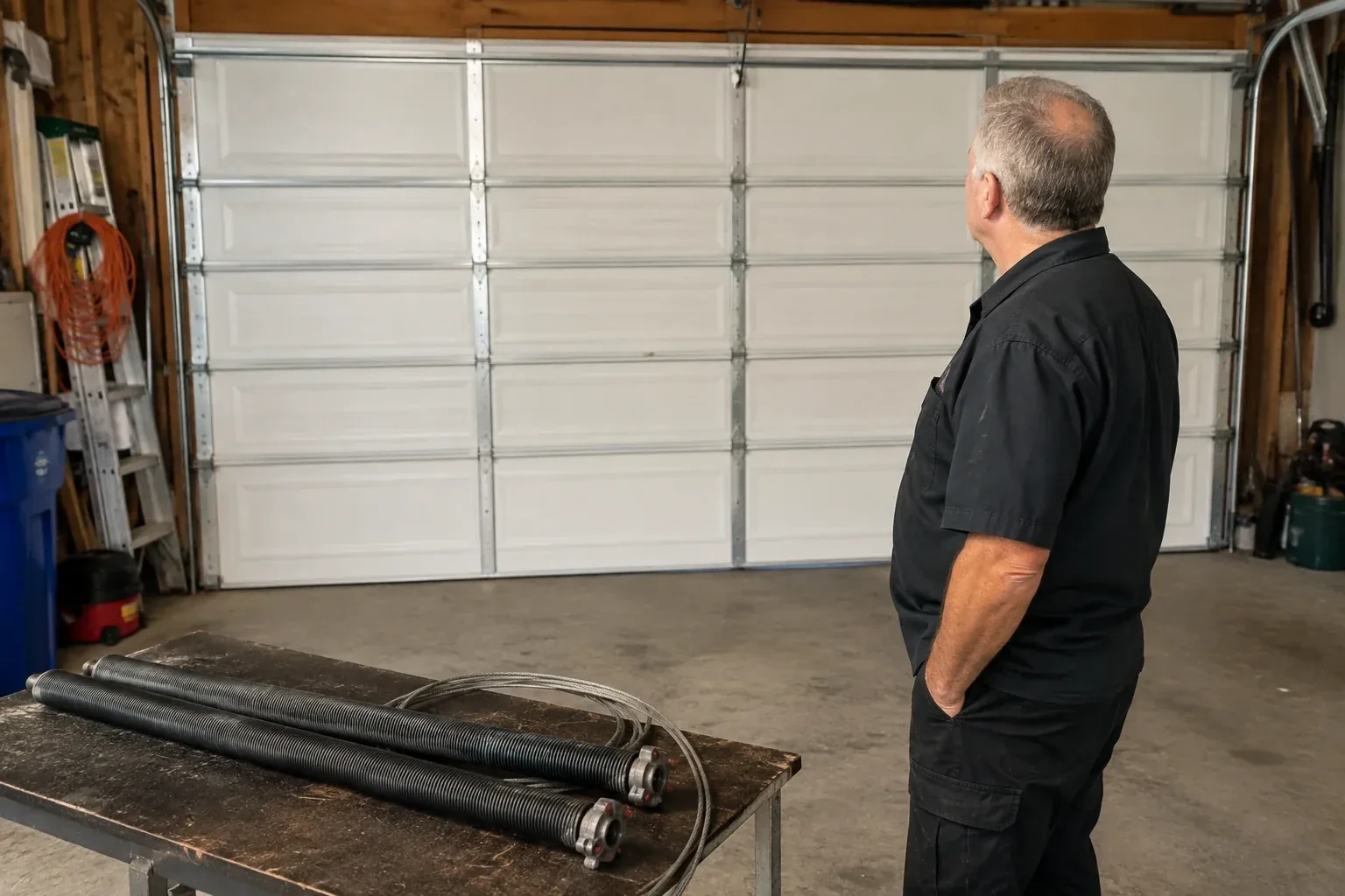 Detached coil springs with end fittings and a cable rest on a bench in front of a closed garage door. — Torsion Spring Replacement, Woodstock
