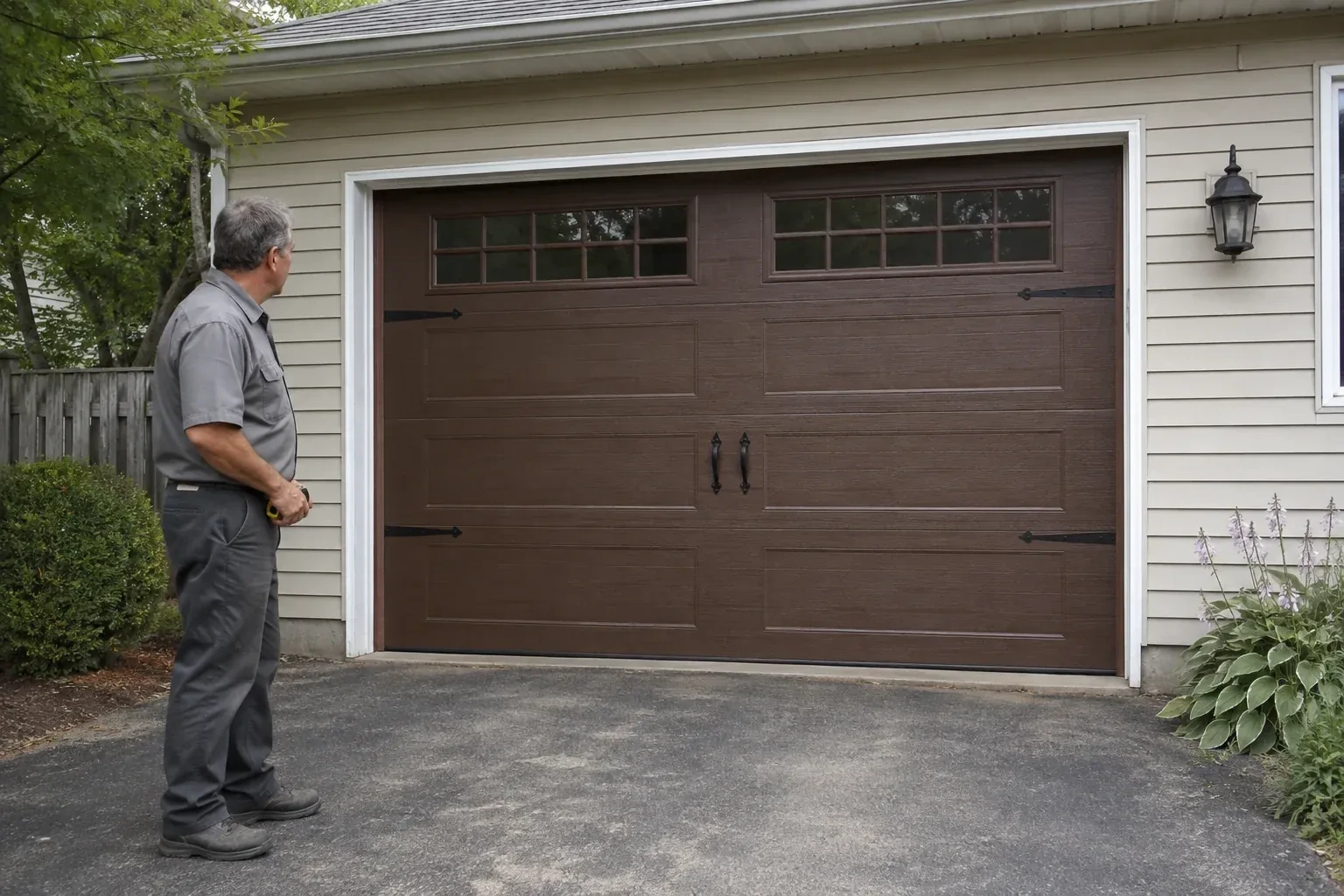 A person stands beside a closed brown garage door with upper windows and black decorative straps and handles. — Carriage-House Garage Door Installation, Woodstock