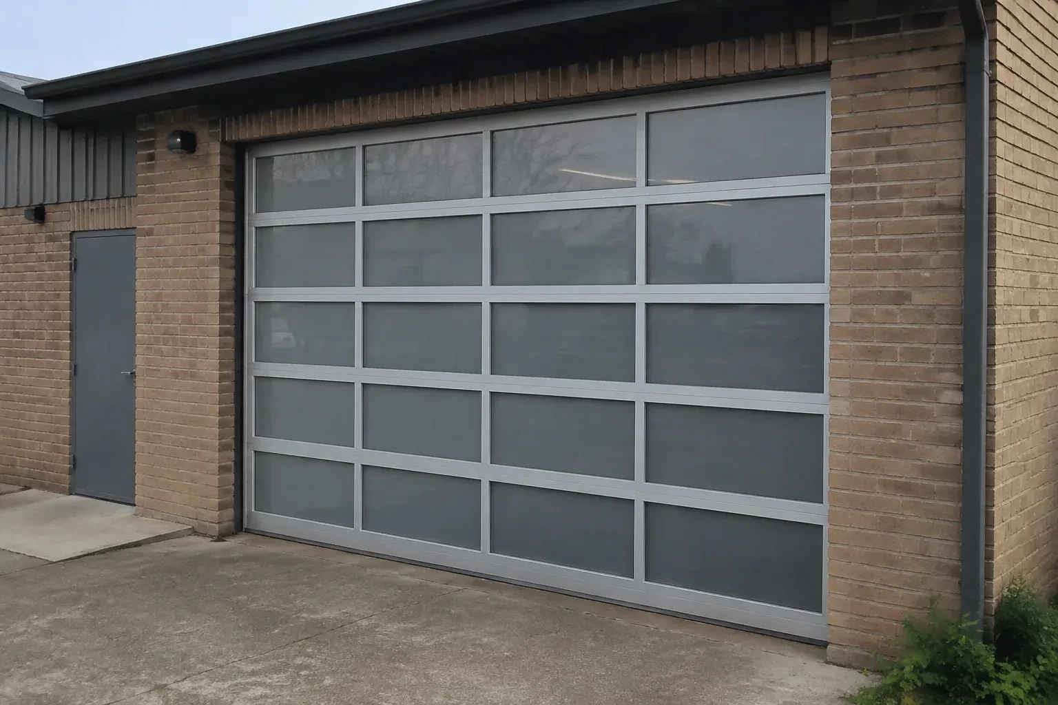 Closed glazed sectional door in a grey metal frame at a brick workshop. — Full-View Glass Garage Door Installation, Woodstock