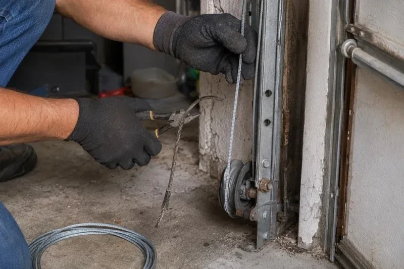 Gloved hands holding a bright cable and pliers gripping a frayed cable beside a garage-door track and pulley. — Garage Door Cable Replacement, Woodstock
