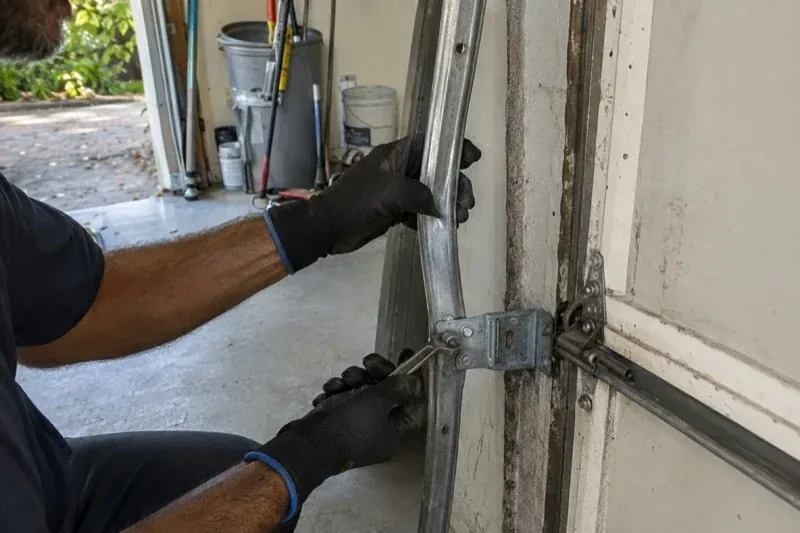 Gloved hands holding a vertical garage-door track and a wrench at its mounting bracket beside a door hinge. — Garage Door Track Repair or Replacement, Woodstock