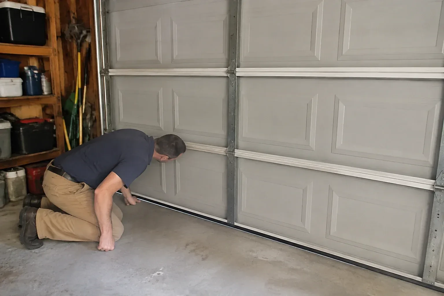 Person kneeling with a hand at the base of a gray paneled door that has a black strip along its bottom. — Garage Door Perimeter Weatherstrip, Woodstock