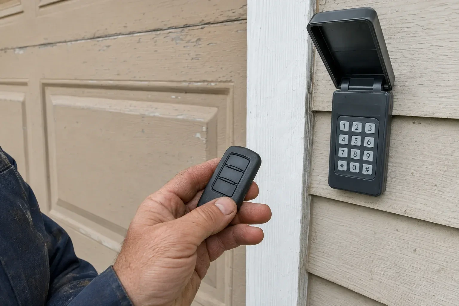 A hand holds a three-button remote beside an exterior garage keypad with its cover open. — Garage Door Remote and Keypad Programming, Woodstock