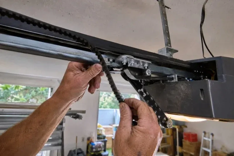 Hands holding a loose toothed belt beside the rail and trolley of an overhead garage-door opener. — Belt-Drive Opener Repair, Woodstock