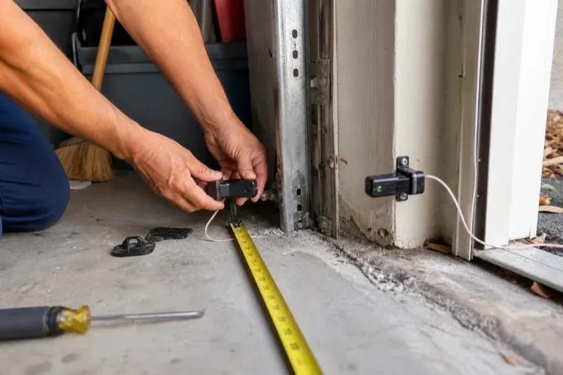 Hands holding a small wired device beside another mounted device and a tape measure at a garage-door opening — Photo-Eye Sensor Alignment or Replacement, Woodstock