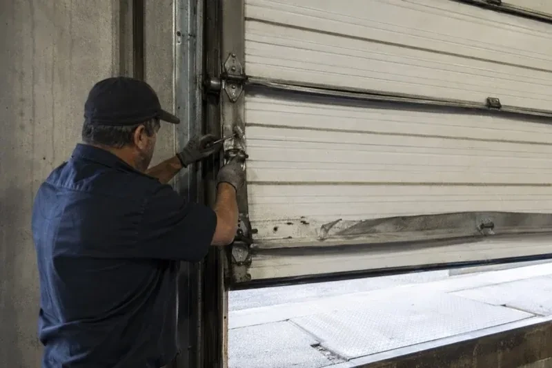 Person holding tools at the side hinge of a partly raised industrial sectional door — Commercial Sectional Door Repair, Woodstock