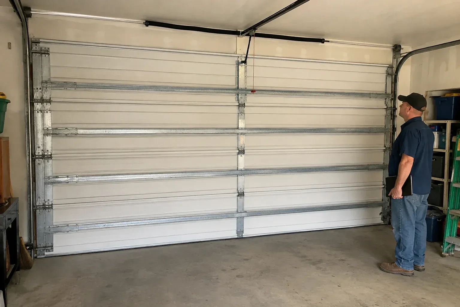 A person examines horizontal metal reinforcement members across the interior of a closed garage door. — Wind-Rated Garage Door Replacement, Woodstock