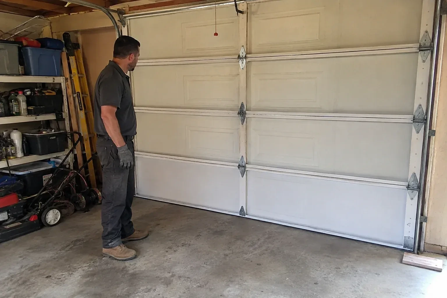 A person examines the interior panels and hinges of a closed sectional garage door. — Garage Door Panel Replacement, Woodstock