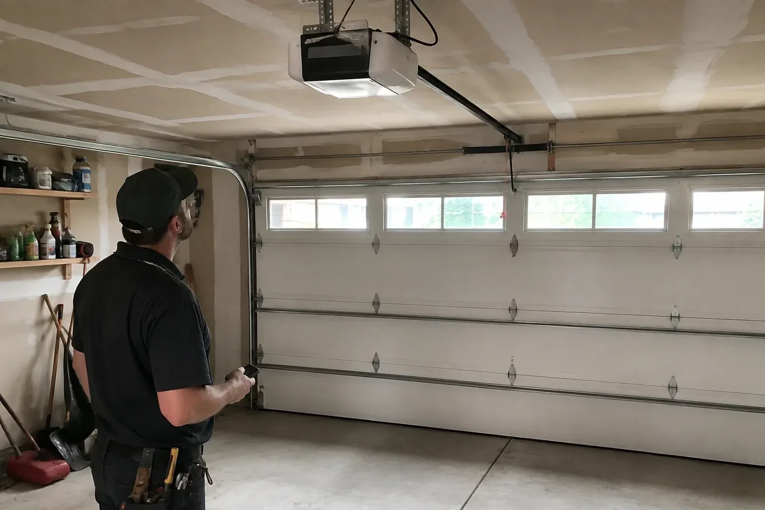 A person looks at an overhead opener above a closed garage door with a row of windows. — Garage Door Opener Replacement, Woodstock