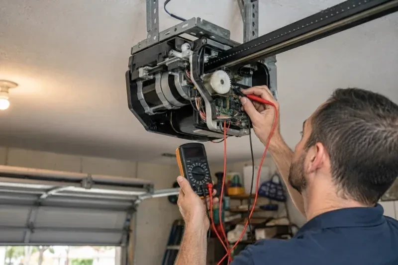 Person holding a multimeter and a red probe near the exposed circuit board of an overhead garage-door opener. — Garage Door Opener Diagnosis and Repair, Woodstock