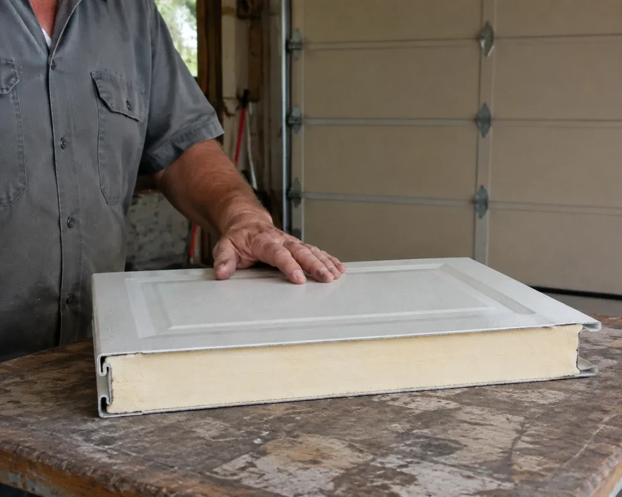 A panel sample exposes a cream foam core between thin metal faces on a garage workbench. — Insulated Steel Garage Door Installation, Woodstock