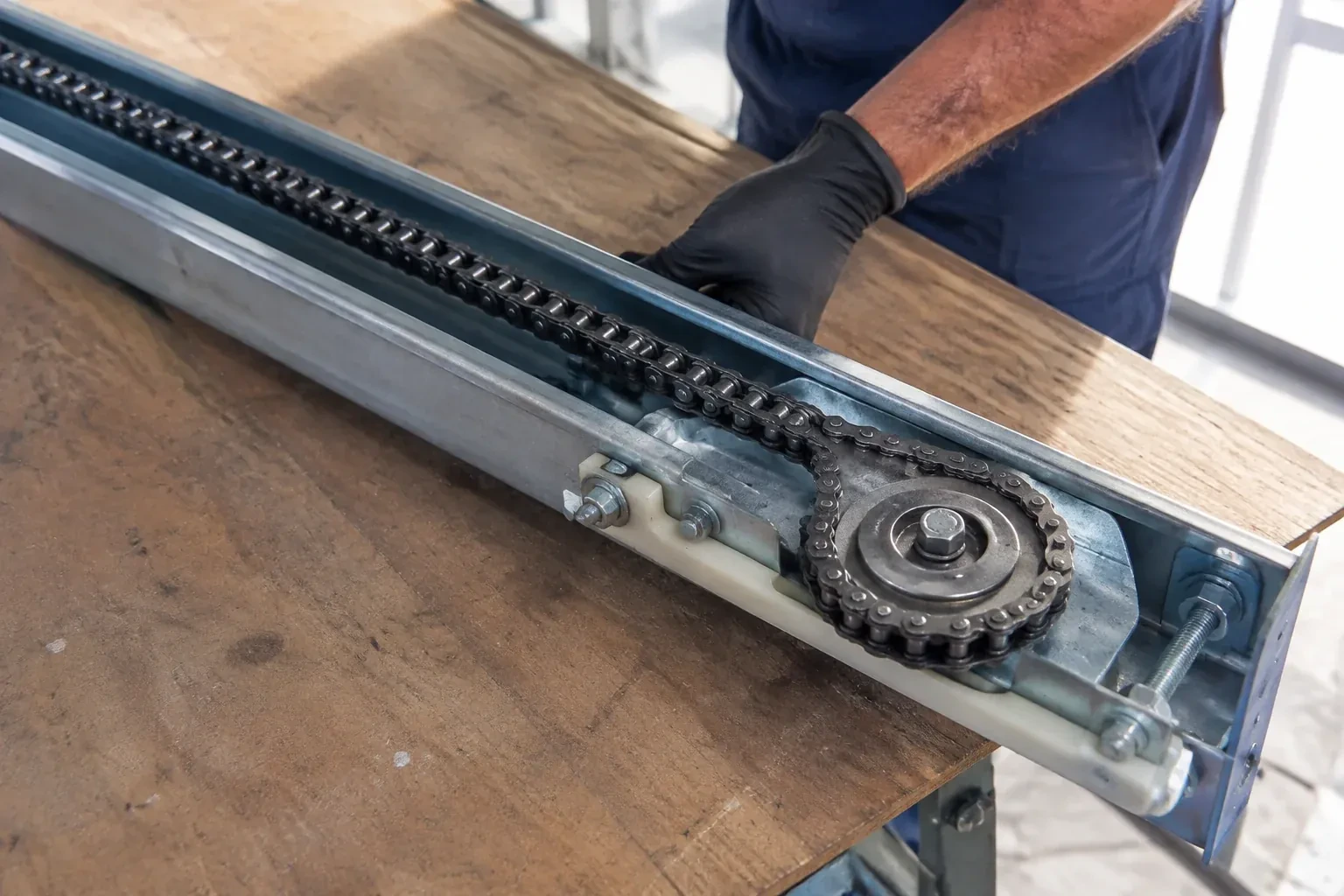 Gloved hand resting on a steel opener rail laid on a wooden bench, showing a drive chain looped around a sprocket wheel. — Chain-Drive Opener Repair, Woodstock