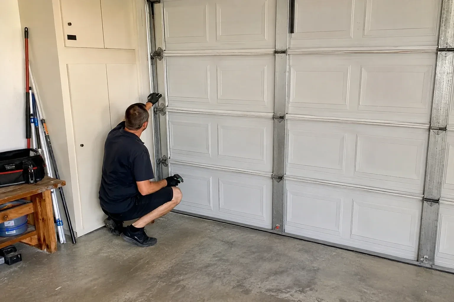 A person kneels beside the side track and hinges of a closed sectional garage door. — Garage Door Safety Inspection, Woodstock