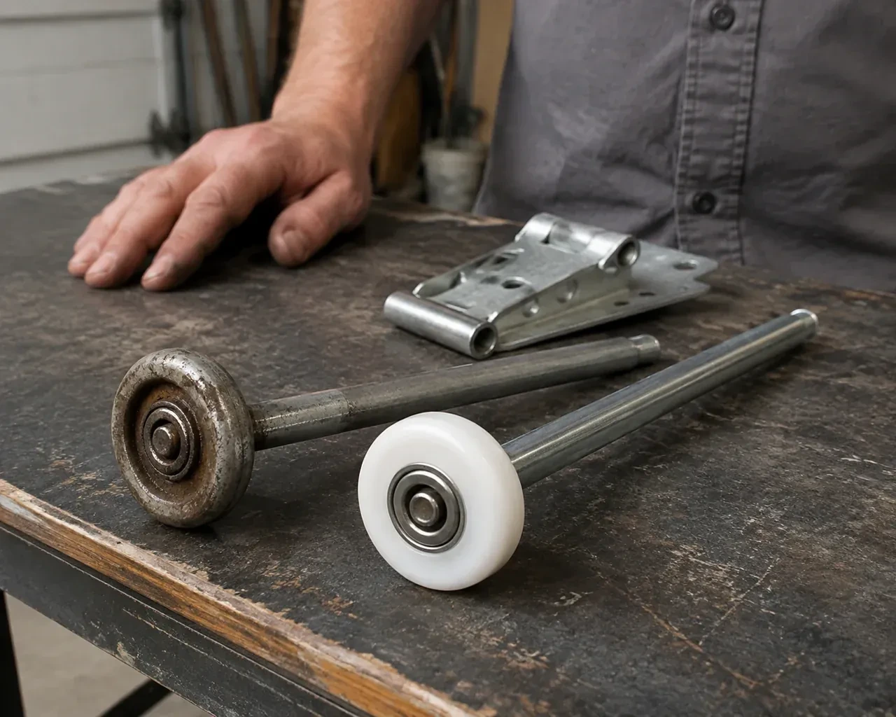 Steel and nylon garage-door rollers with long stems lie beside a detached hinge on a workbench. — Garage Door Roller Replacement, Woodstock