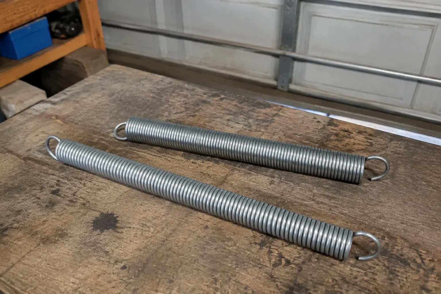 Two detached extension springs with hooked ends on a garage bench. — Extension Spring Replacement, Woodstock