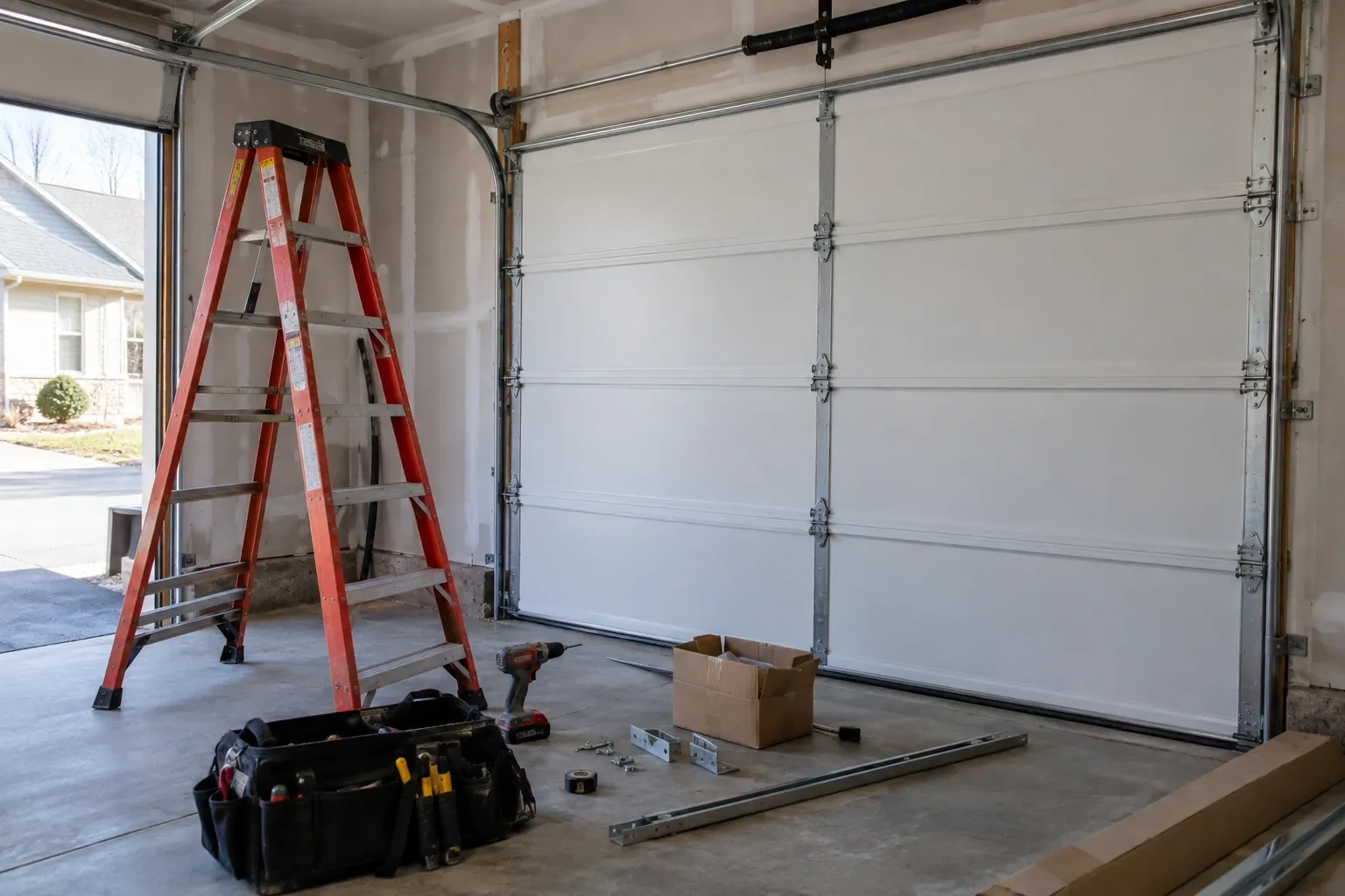 White sectional garage door with an orange stepladder, tool bag, drill, loose steel track pieces and a cardboard box on the floor. — Woodstock